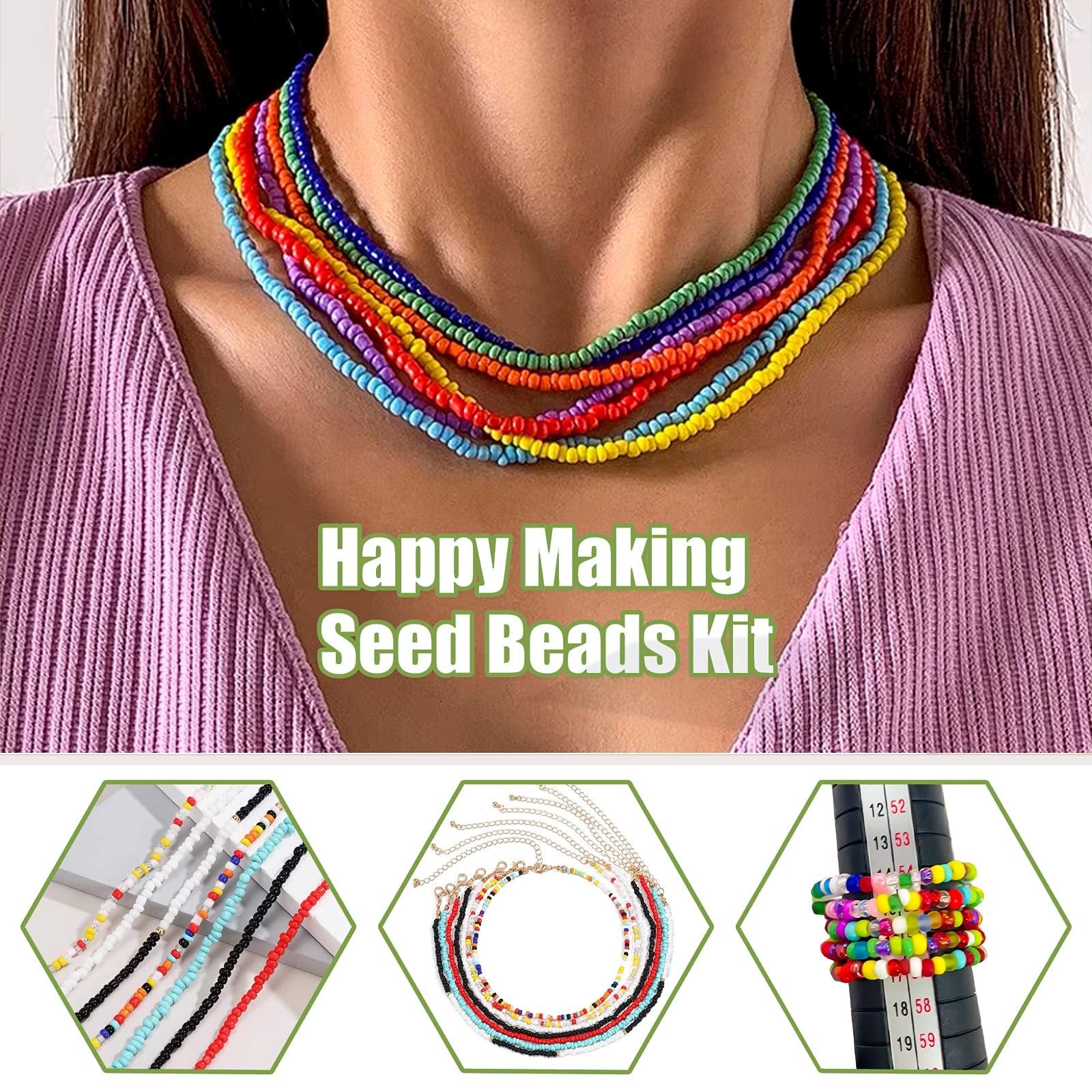 Woman wearing multiple colorful seed bead necklaces, with inset images showing bead strands, necklaces, and rings.