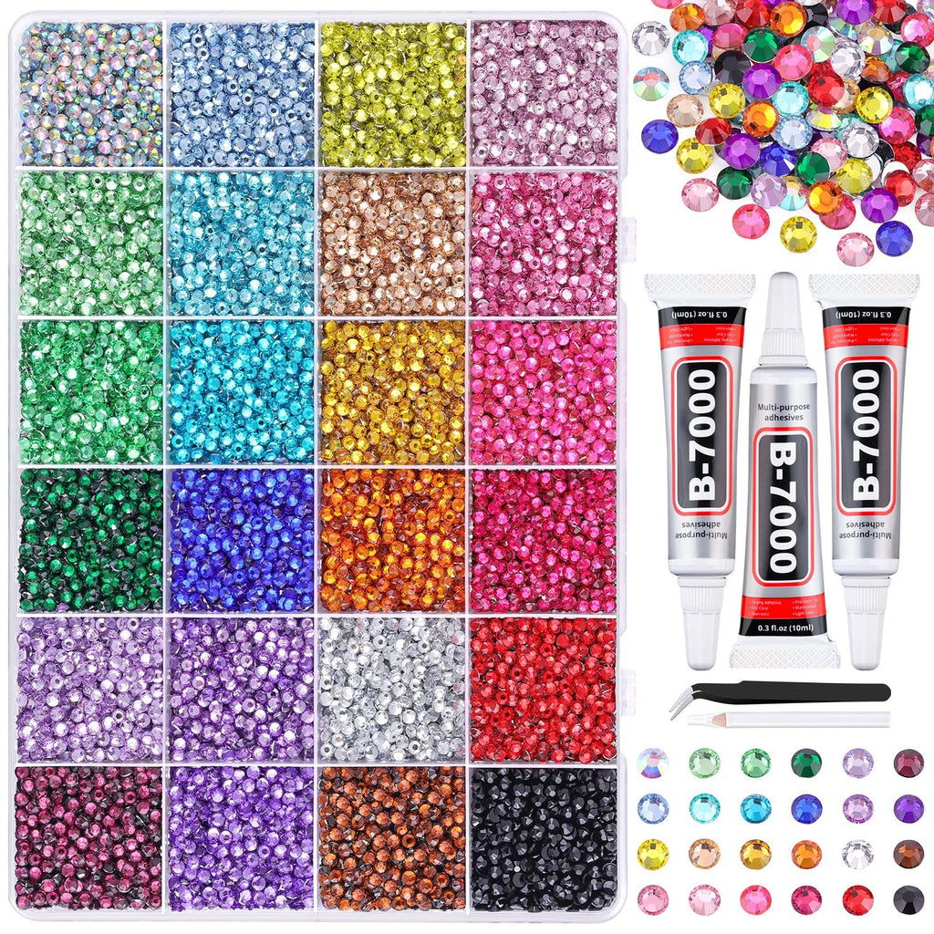 Mixed-color resin rhinestones in a 24-grid organizer box with three B-7000 glue tubes and tweezers.