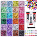 Mixed-color resin rhinestones in a 24-grid organizer box with three B-7000 glue tubes and tweezers.