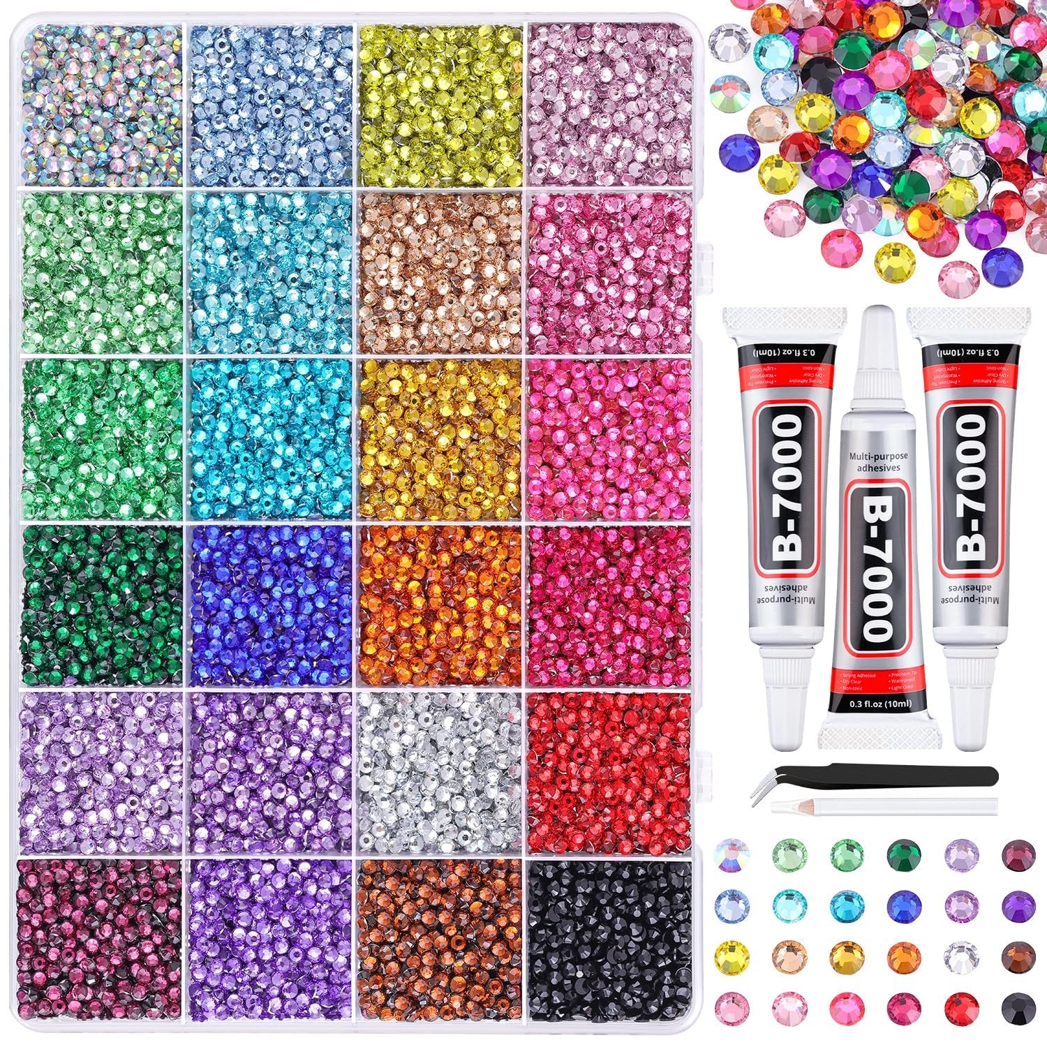 Mixed-color resin rhinestones in a 24-grid organizer box with three B-7000 glue tubes and tweezers.