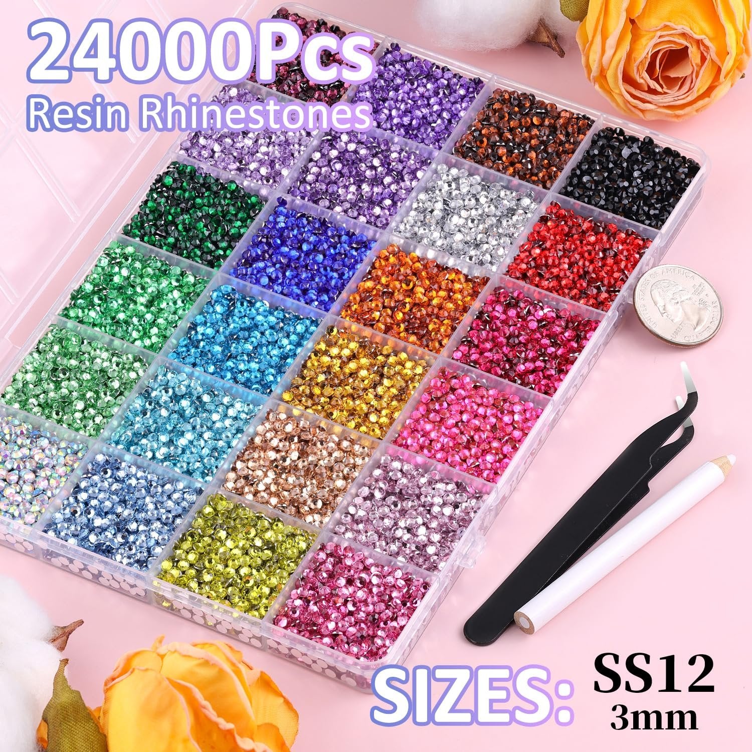 Mixed-color resin rhinestones in a 24-grid organizer box with tweezers and a pickup pen.