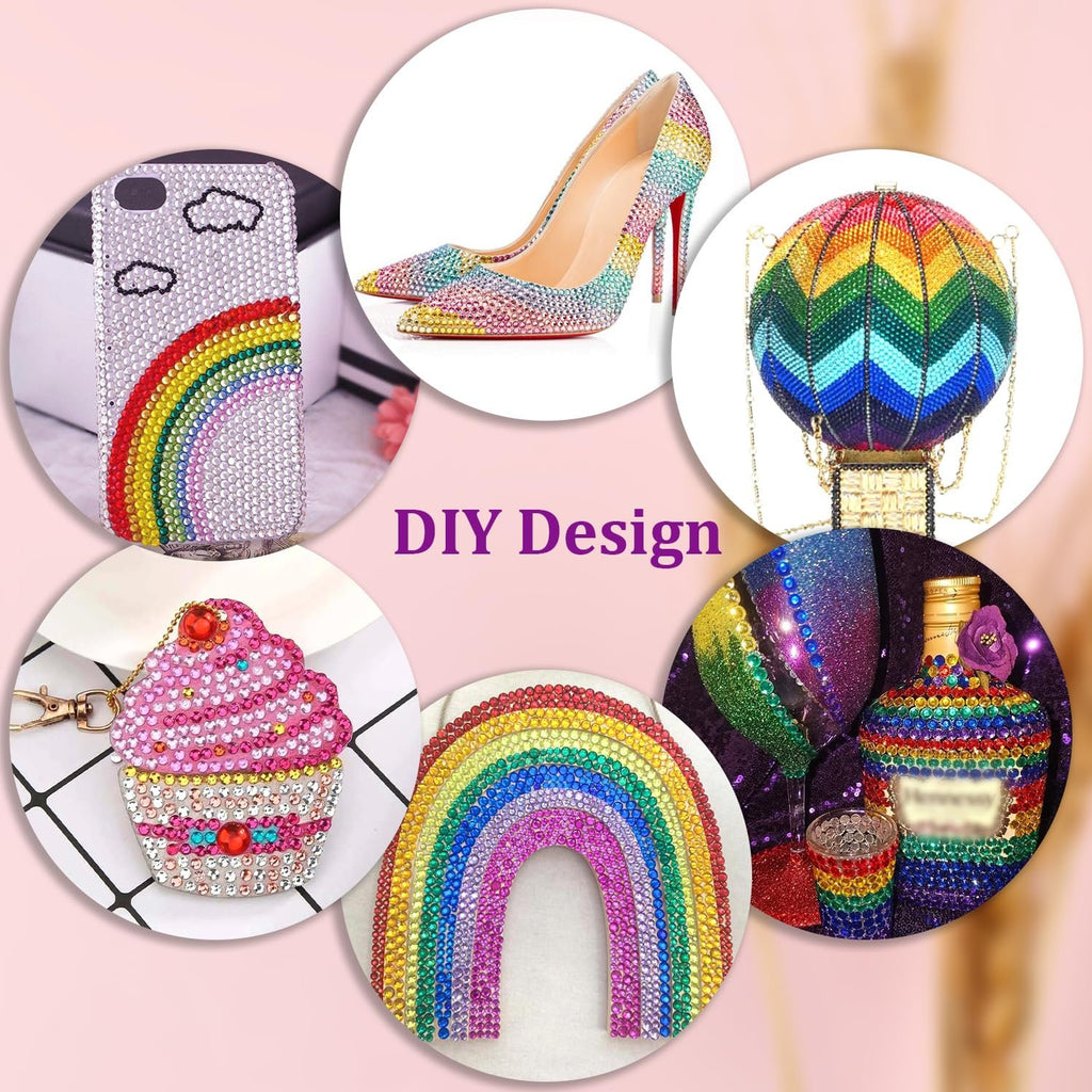 Collage of DIY rhinestone craft projects including a phone case, high heels, hot air balloon bag, cupcake keychain, rainbow arch, and decorated bottle.