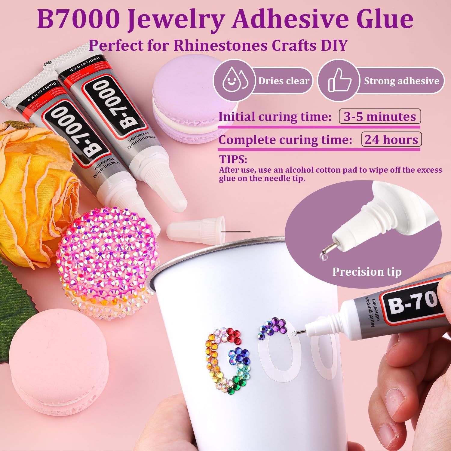 Two tubes of B-7000 jewelry adhesive glue with a precision tip applying glue to a cup decorated with rhinestones.