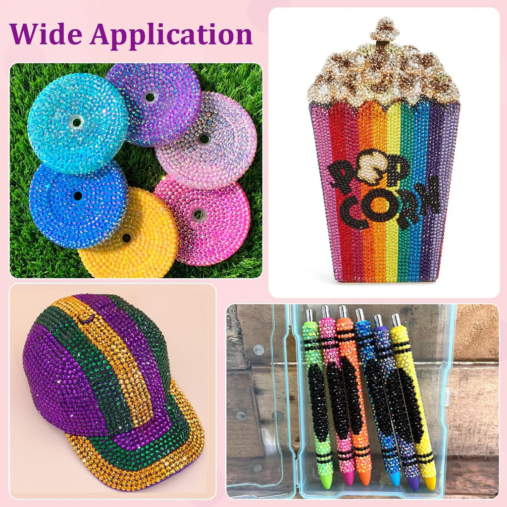Collage of rhinestone-embellished crafts including cup lids, a popcorn clutch, a baseball cap, and pens.