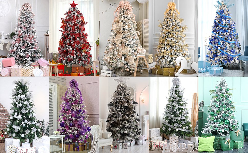 Collage of ten decorated Christmas trees in various styles and colors, including pink, red, champagne, gold, blue, purple, black, silver, and green.