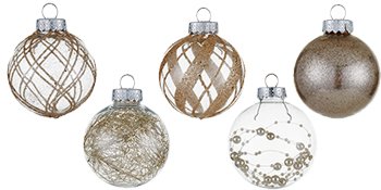 Five clear plastic Christmas ball ornaments with glitter fill and decorative patterns, arranged on a white background.