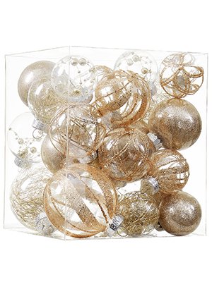 Clear plastic Christmas ball ornaments in champagne gold glitter fill, arranged in a clear box.