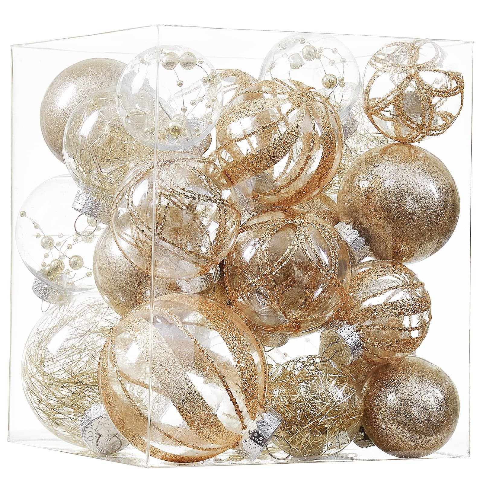 Clear plastic Christmas ball ornaments in champagne gold glitter fill, arranged in a clear box.