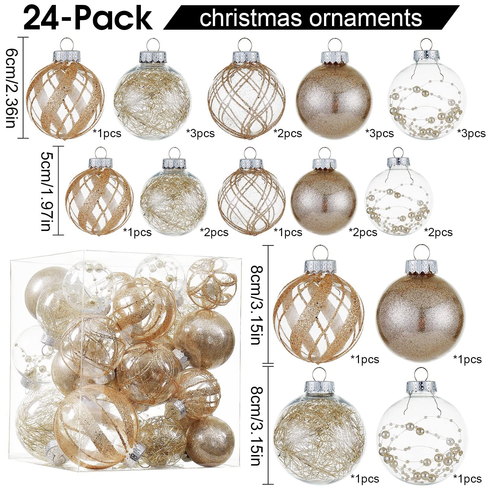 Assortment of clear and glitter-filled Christmas ball ornaments in various styles and sizes, displayed in a clear box and individually.