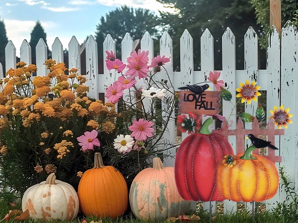 Decorative metal garden stakes with pumpkins, sunflowers, crows, and 'I LOVE FALL' sign in front of a white picket fence.