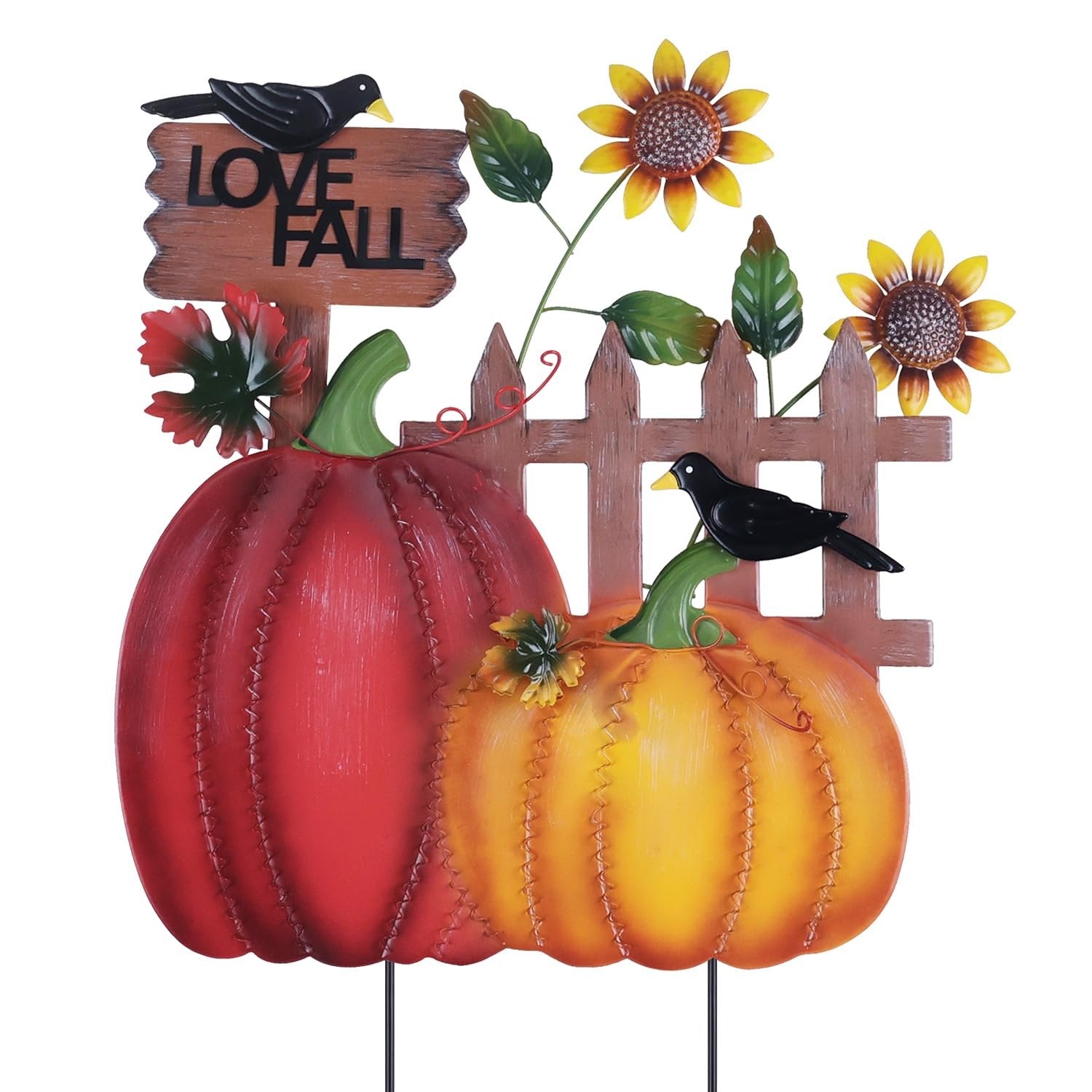 Metal garden stake with pumpkins, sunflowers, crows, and 'I LOVE FALL' sign on a picket fence background.