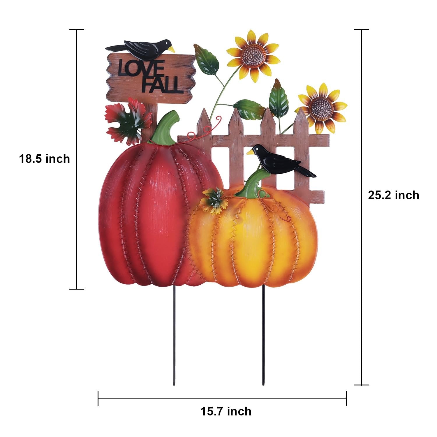 Metal garden stake with two pumpkins, sunflowers, crows, and 'I LOVE FALL' sign, showing dimensions 18.5" x 25.2" x 15.7".