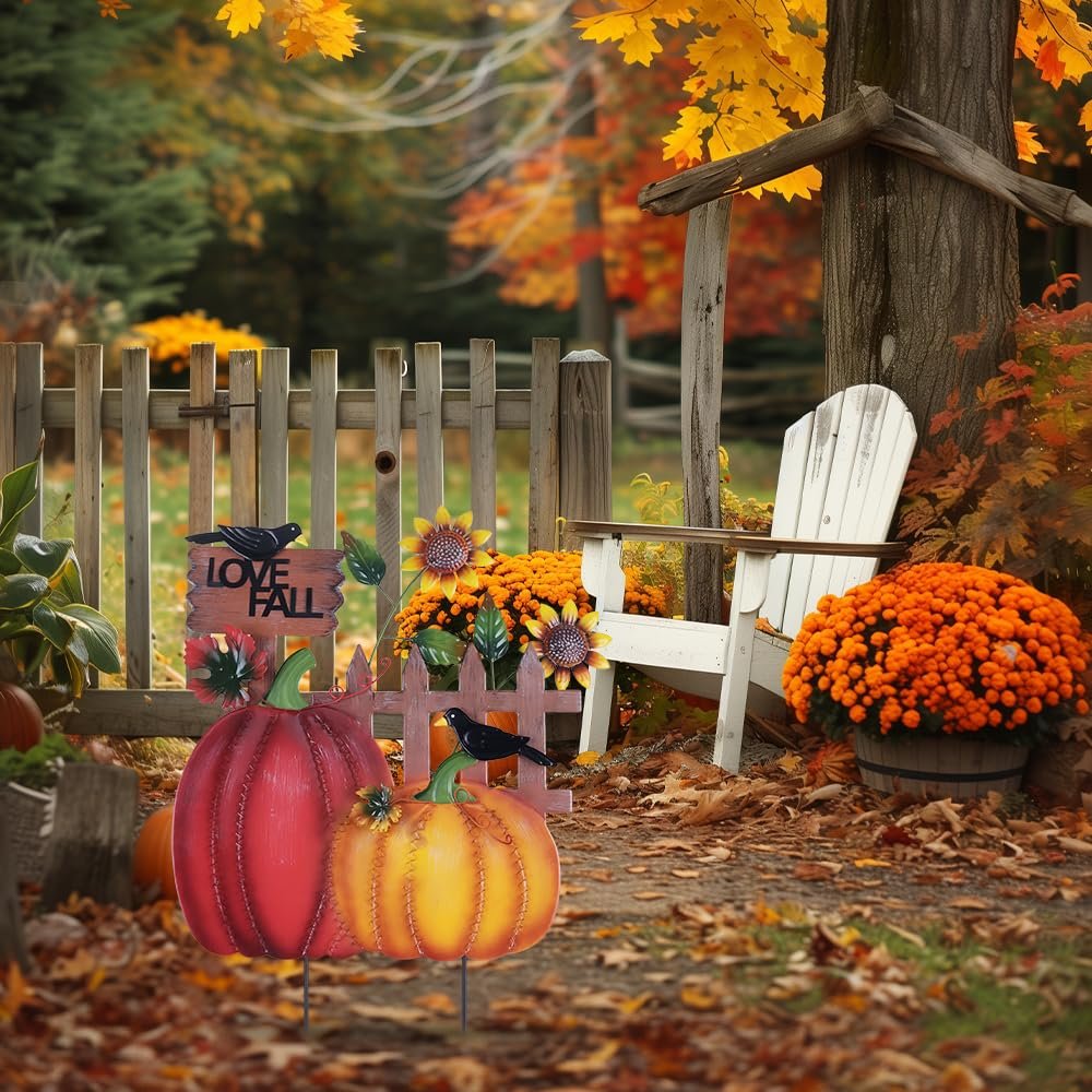 Decorative metal fall garden stakes with pumpkins, sunflowers, crows, and 'I LOVE FALL' sign in an autumn yard setting.