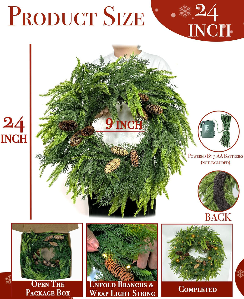 24-inch artificial pine wreath with pinecones and LED lights, shown with size and assembly details.