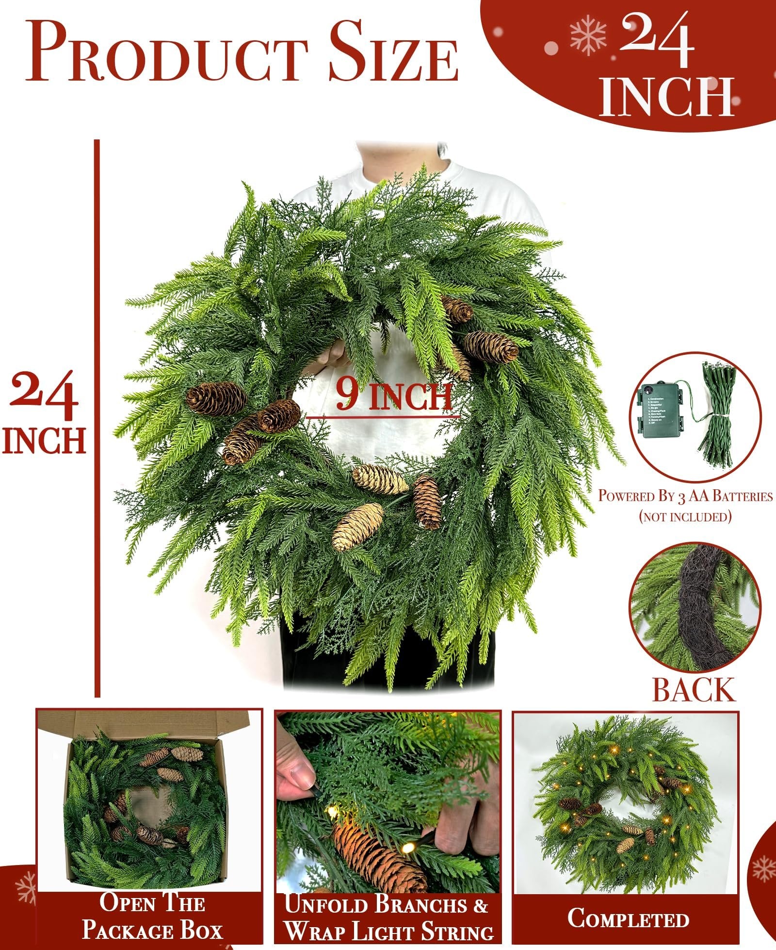24-inch artificial pine wreath with pinecones and LED lights, shown with size and assembly details.