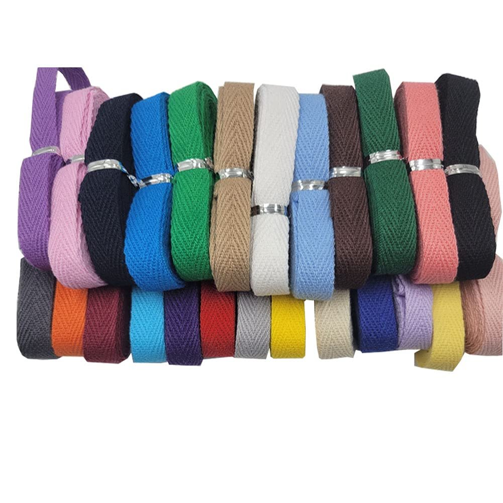 Collection of 25 colorful cotton twill tapes in herringbone pattern, arranged in two rows.