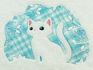 White cat with blue leafy background embroidery design on white fabric