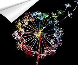 Dandelion made of colorful embroidery thread blowing in the wind against a black background