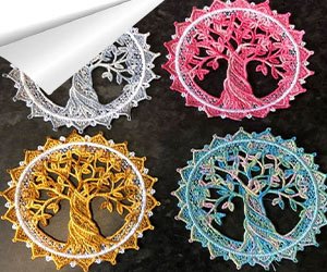 Four embroidered tree of life coasters in pink, gold, blue, and silver with white accents