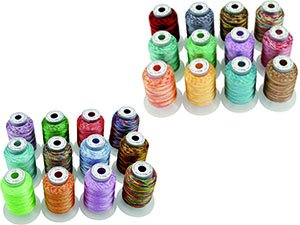 25 spools of variegated polyester embroidery thread in various colors, arranged in two groups on a white background.