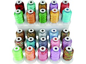25 spools of variegated polyester embroidery thread in a white organizer tray, arranged in two rows.