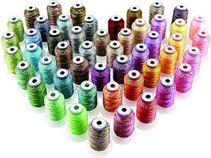 Heart shape arrangement of 25 spools of variegated polyester embroidery thread in various colors