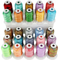 A display of 25 spools of variegated polyester embroidery thread in various colors, arranged on a white tiered stand against a white background.