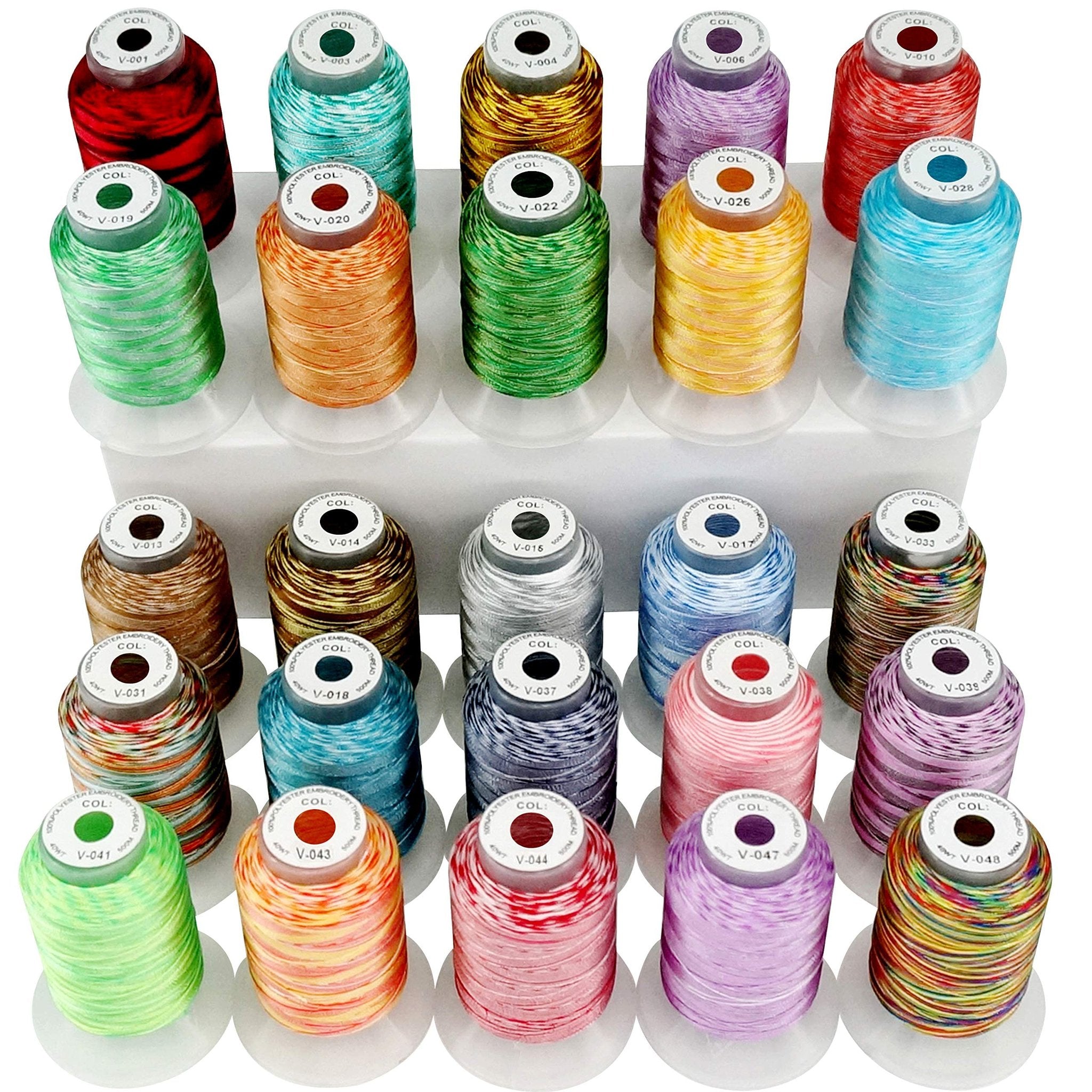 A display of 25 spools of variegated polyester embroidery thread in various colors, arranged on a white tiered stand against a white background.