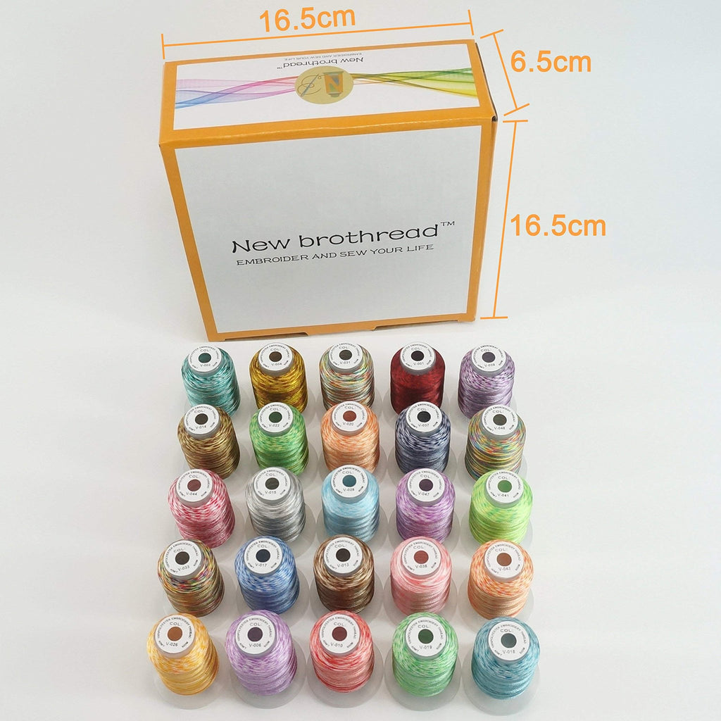 Twenty-five spools of variegated polyester embroidery thread arranged in rows, with a box of the same thread in the background.