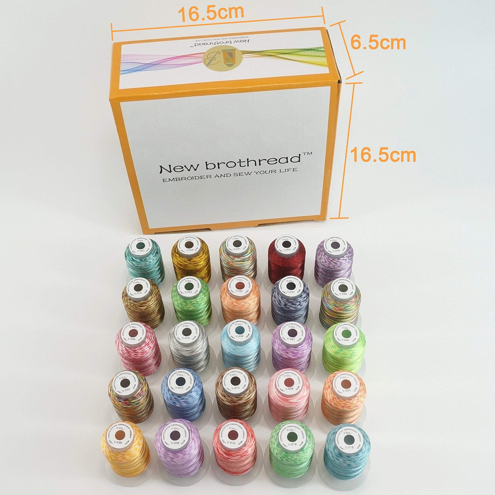 Twenty-five spools of variegated polyester embroidery thread arranged in rows, with a box of the same thread in the background.