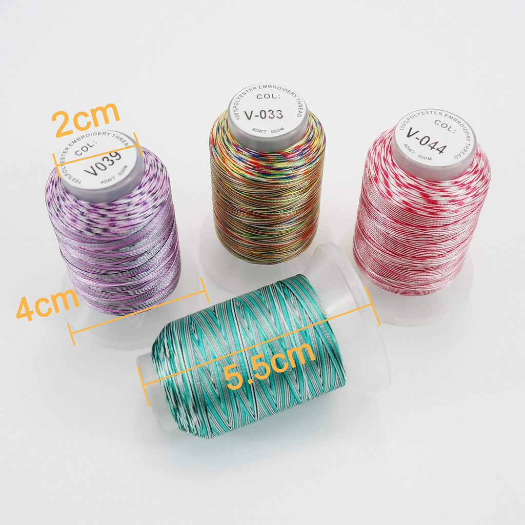 Three spools of variegated embroidery thread in purple, multi-color, and red, with measurement indicators.