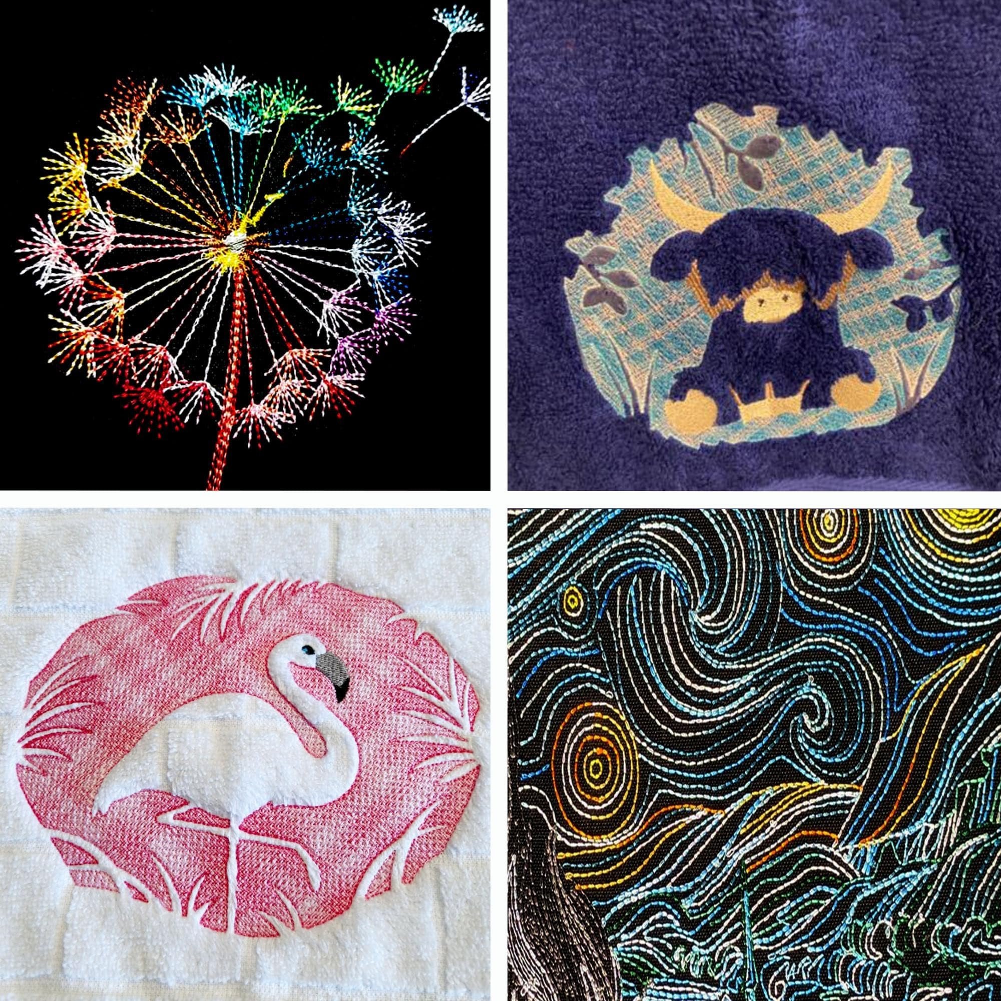 Four embroidered designs: a rainbow dandelion, a highland cow, a flamingo, and Starry Night.