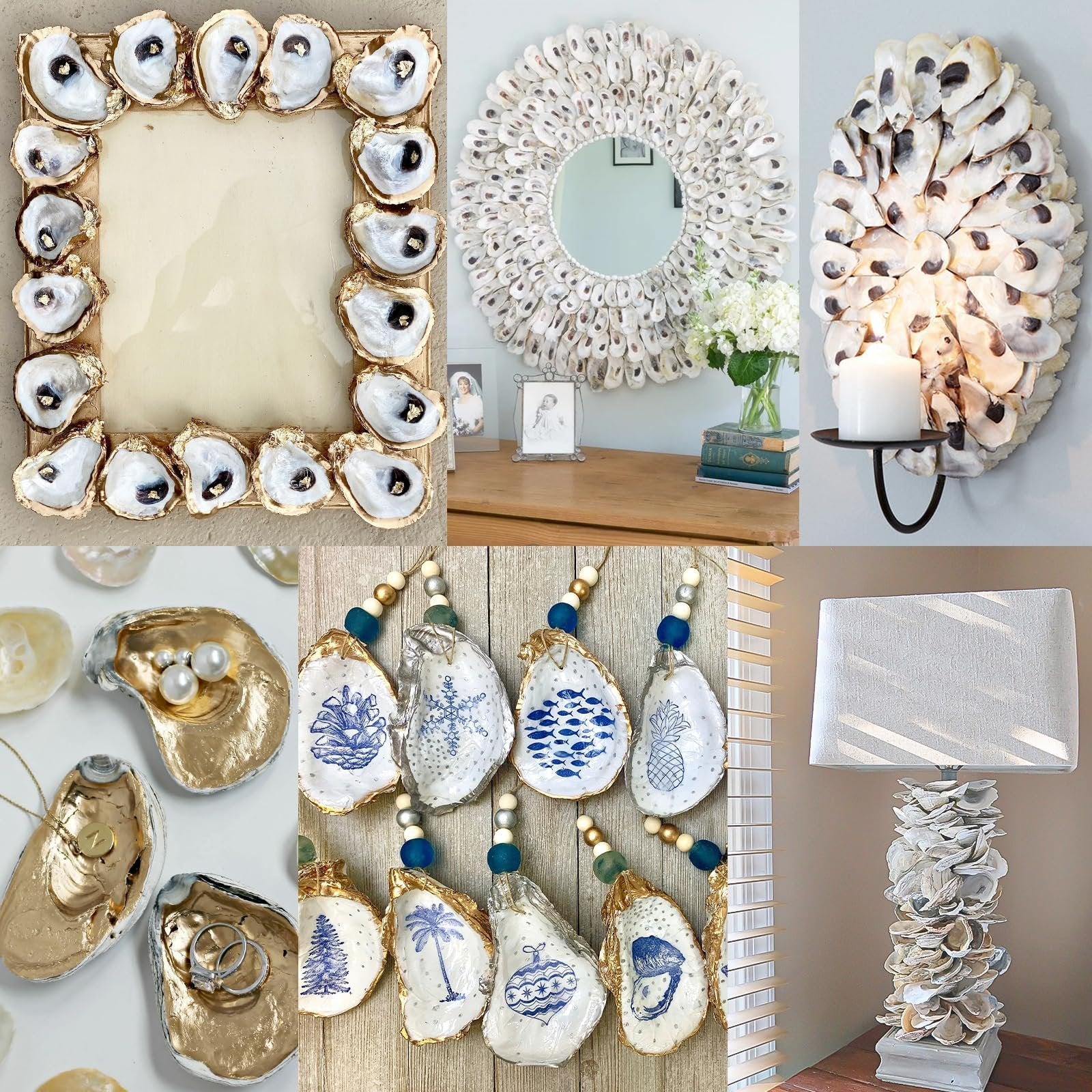 Collage of oyster shell crafts including a picture frame, mirror, wall sconce, jewelry dishes, ornaments, and a lamp.