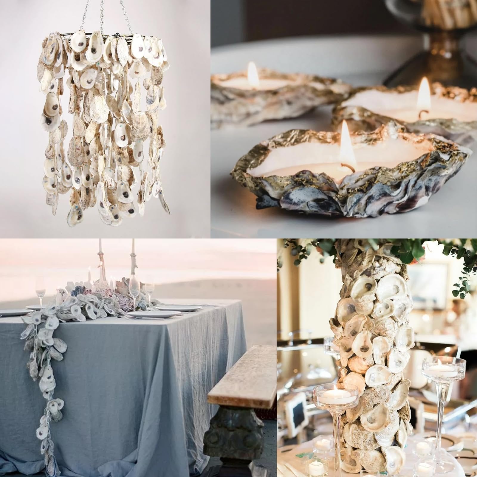 Collage of four images showing oyster shells used in decor: a chandelier, candle holders, a table runner, and a centerpiece.