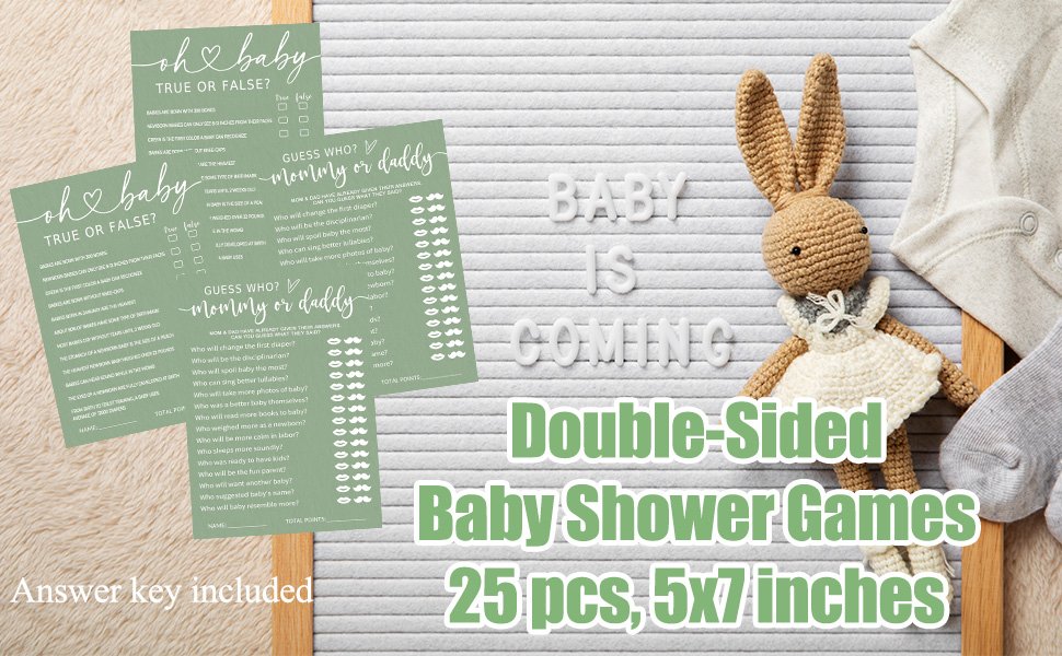 Baby shower game cards with 'Oh Baby True or False' and 'Guess Who Mommy or Daddy' prompts, displayed with a stuffed bunny and baby clothes.