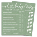 Baby shower game cards with 'Oh Baby Daddy' title, 'True or False' questions, and 'Guess Who Mommy or Daddy' prompts with lips and mustache icons.