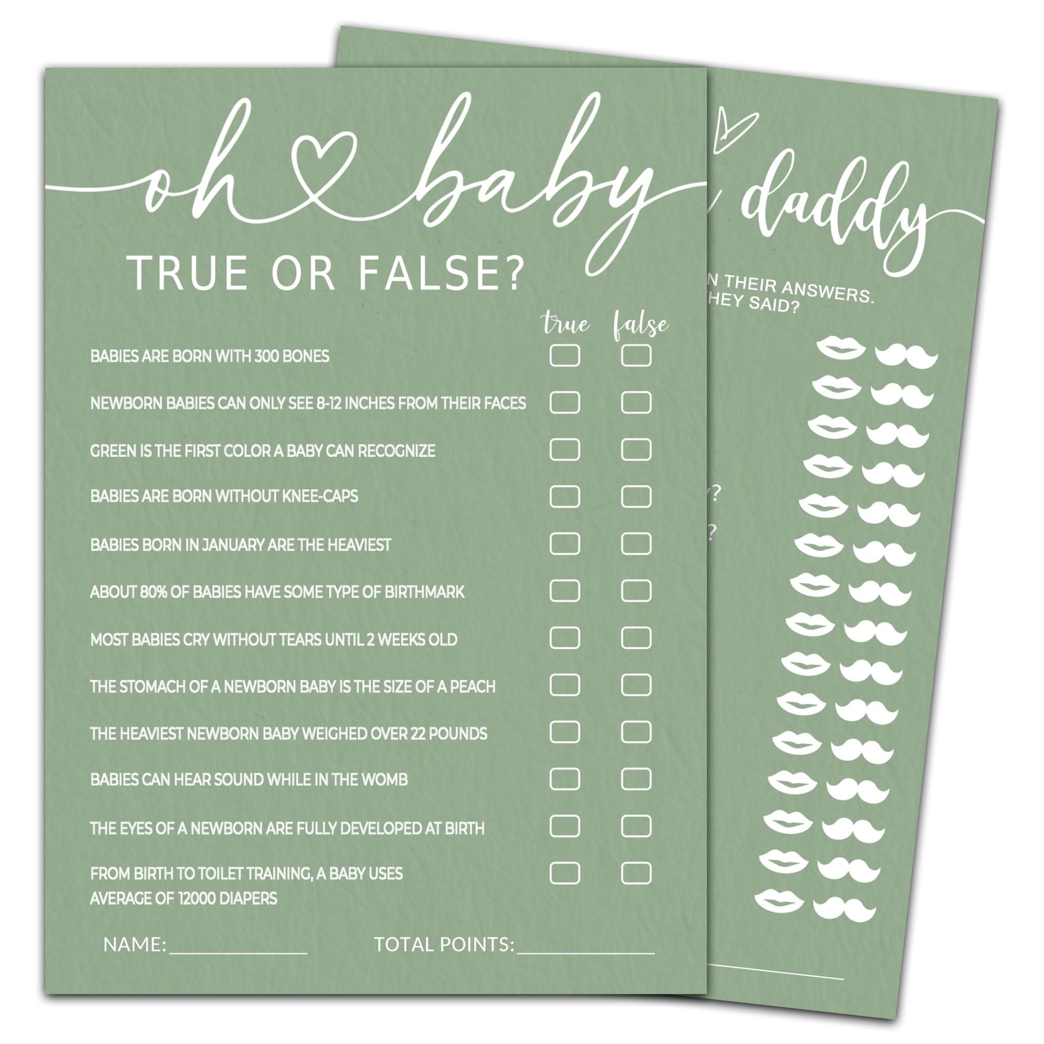 Baby shower game cards with 'Oh Baby Daddy' title, 'True or False' questions, and 'Guess Who Mommy or Daddy' prompts with lips and mustache icons.