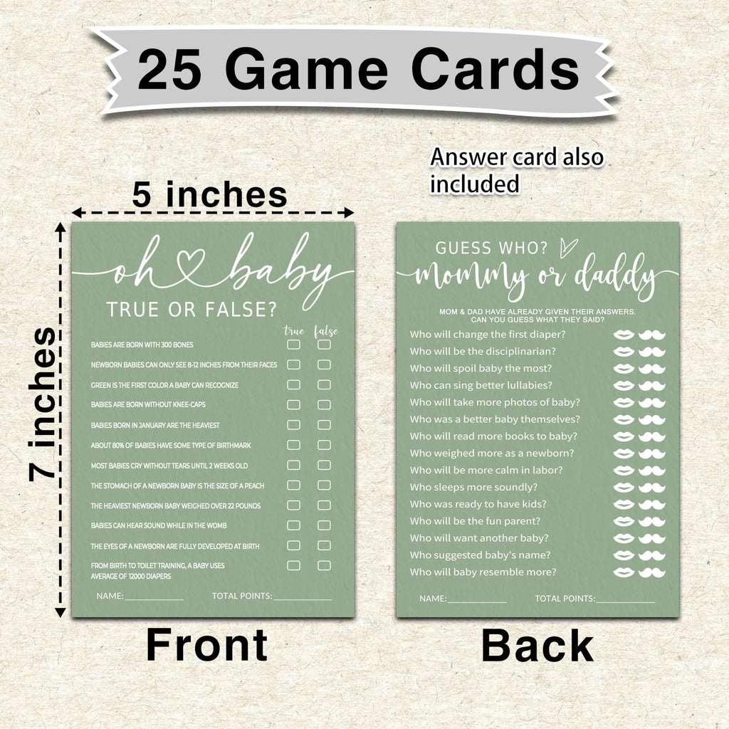 Baby shower game cards, front and back, showing 'Oh Baby True or False' and 'Guess Who Mommy or Daddy' questions.