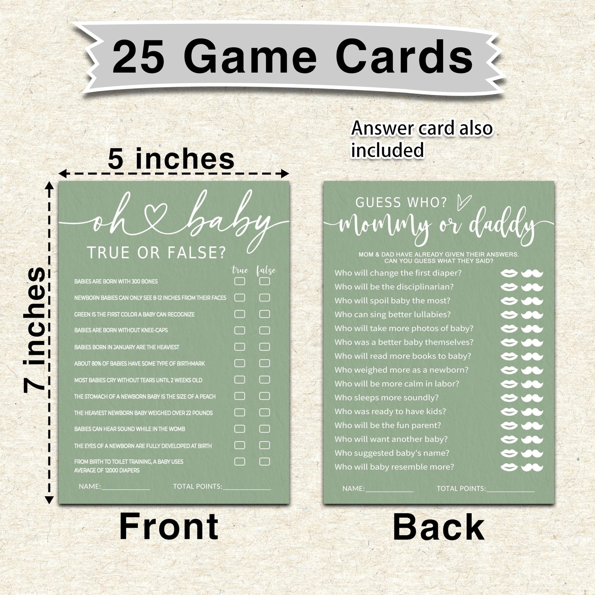 Baby shower game cards, front and back, showing 'Oh Baby True or False' and 'Guess Who Mommy or Daddy' questions.