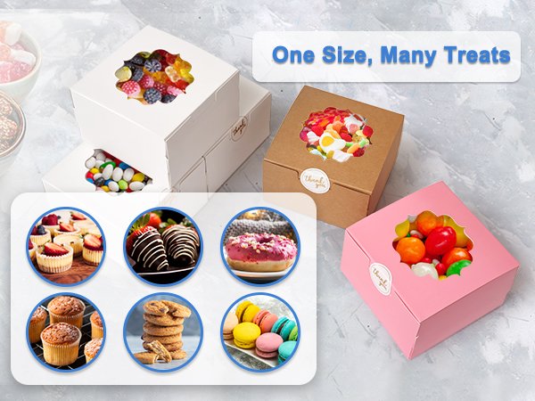 Various treat boxes filled with candies, cookies, cupcakes, donuts, and macarons, with a collage of treats below.