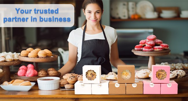 Woman in apron behind bakery counter with various pastries and treat boxes, some with windows showing baked goods.