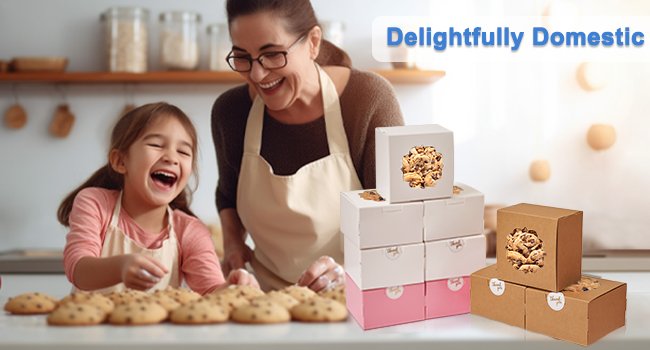 Woman and child laughing while baking cookies, with stacks of white and brown treat boxes with windows.