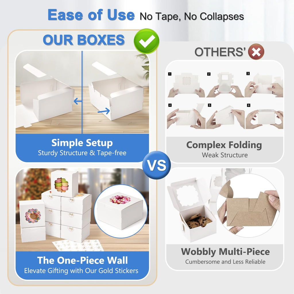 Comparison of treat boxes: one side shows easy setup of white boxes, the other shows complex folding of brown boxes.
