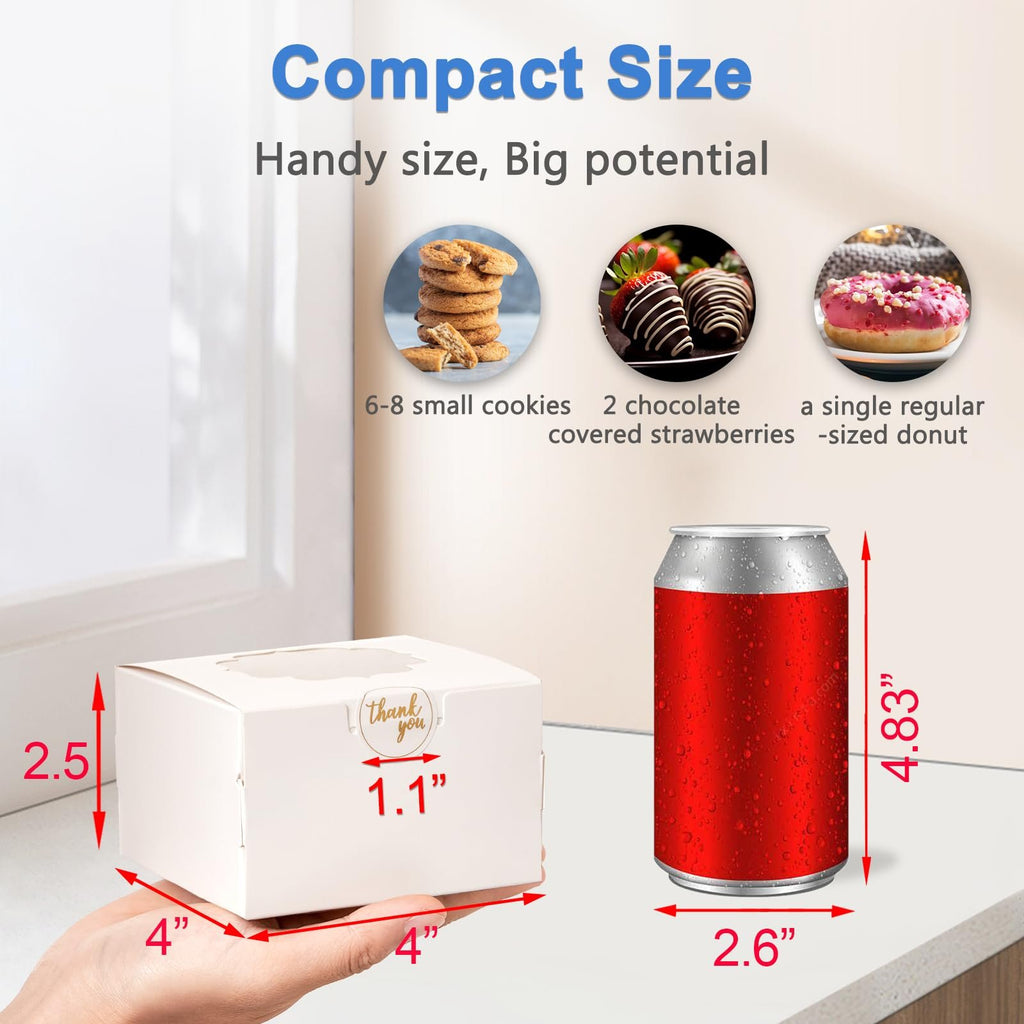 White bakery box with window shown with dimensions and capacity examples, next to a soda can for size comparison.