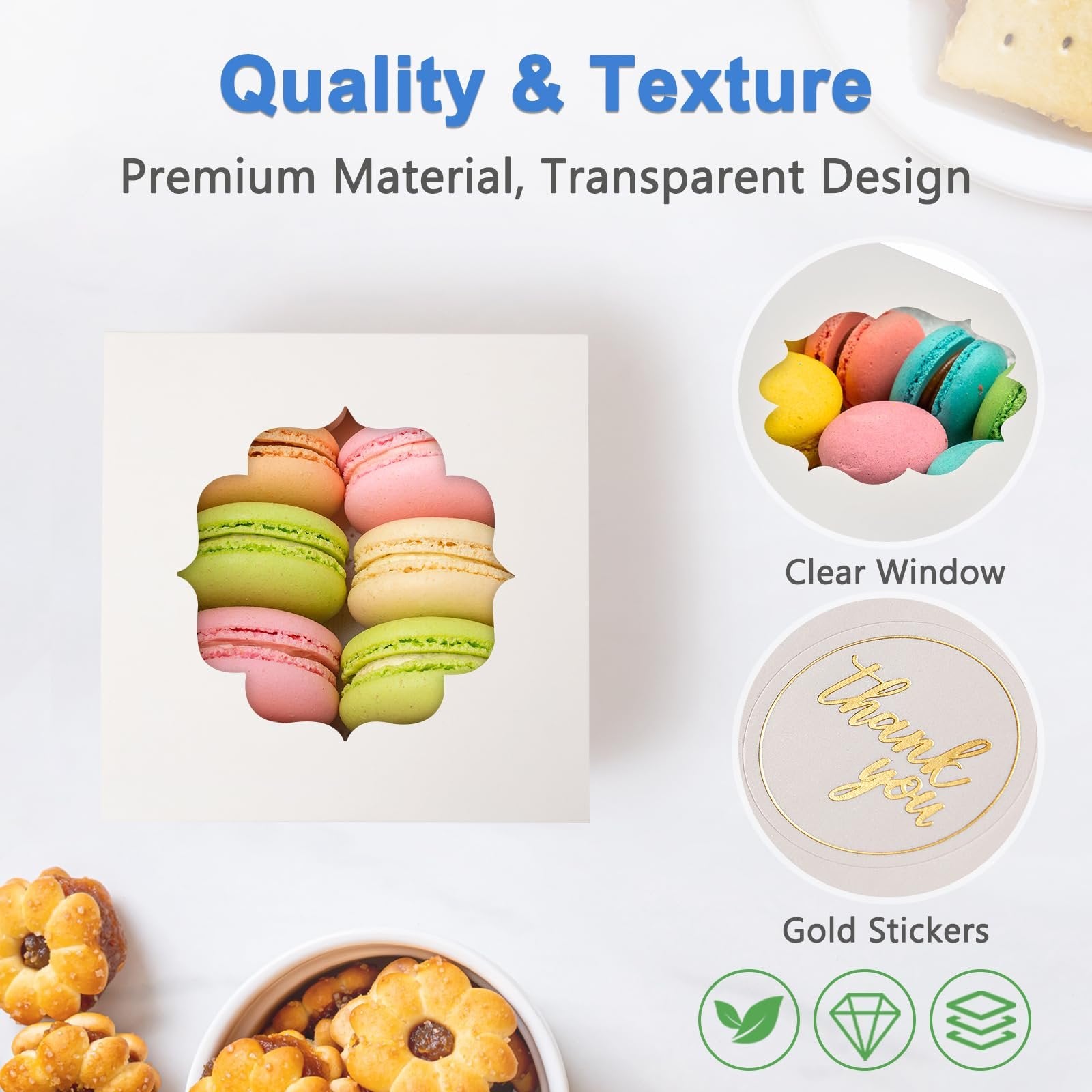 White bakery boxes filled with colorful macarons and cookies, with gold 'thank you' stickers and feature icons.