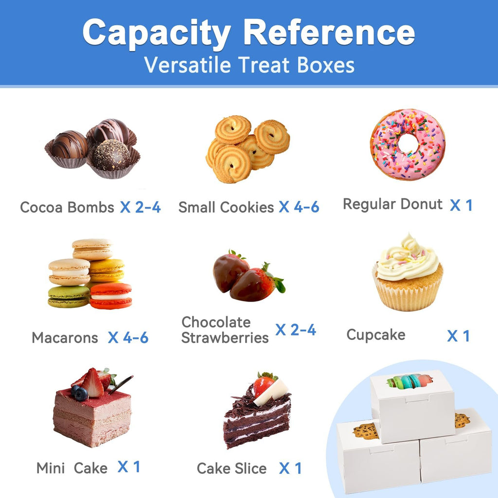 Reference chart showing capacity of treat boxes with images of various desserts like cocoa bombs, cookies, donuts, macarons, cupcakes, and cake slices.