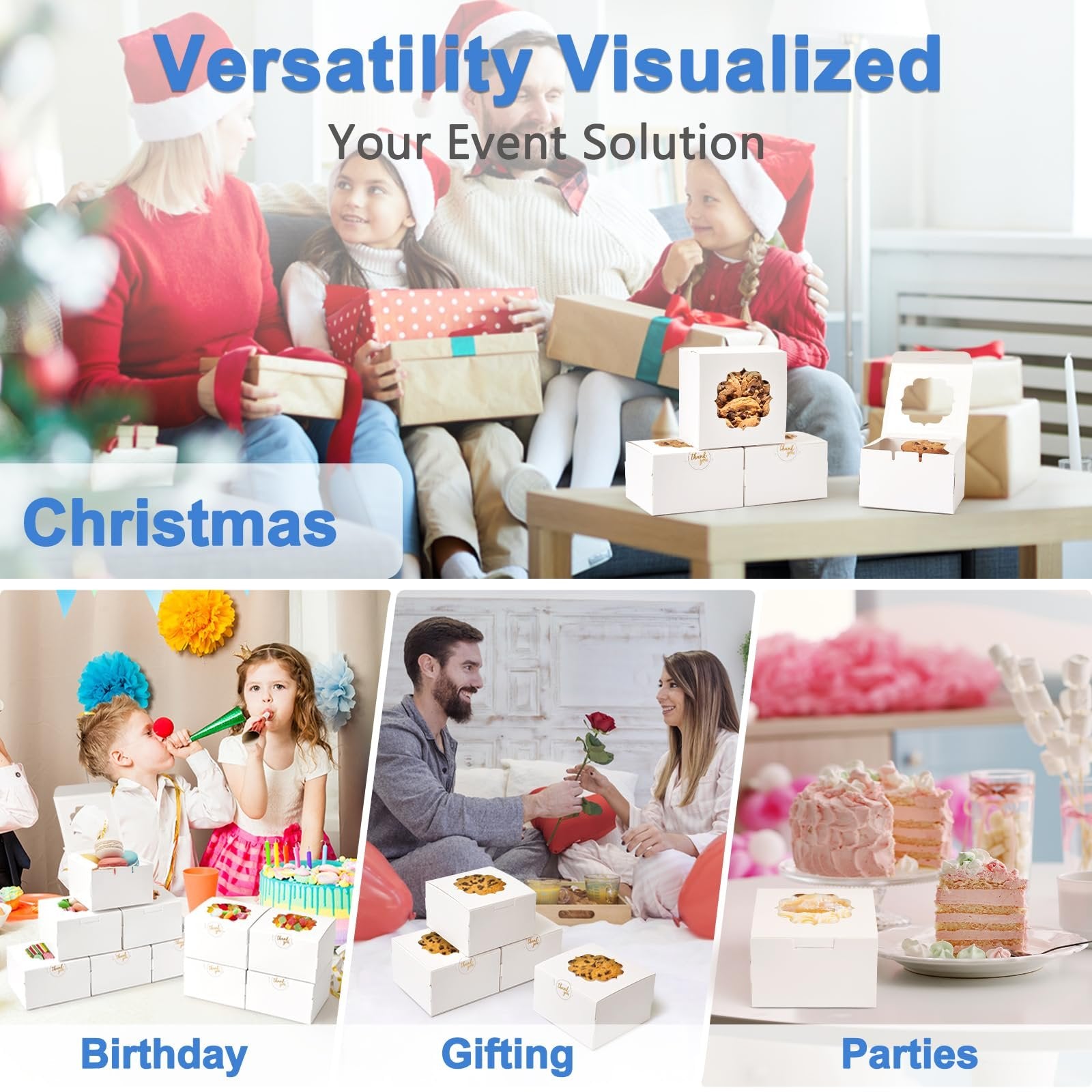 Collage of white treat boxes used for Christmas, birthday, gifting, and parties.