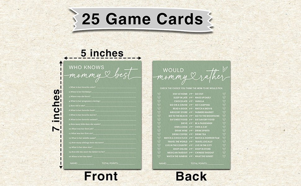Two baby shower game cards, one titled 'Who Knows Mommy Best' and the other 'Would Mommy Rather', displayed with dimensions 5x7 inches.