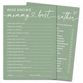 Two baby shower game cards, one titled 'Who Knows Mommy Best' with questions, the other titled 'Mom-to-Be Would Pick' with answer choices.