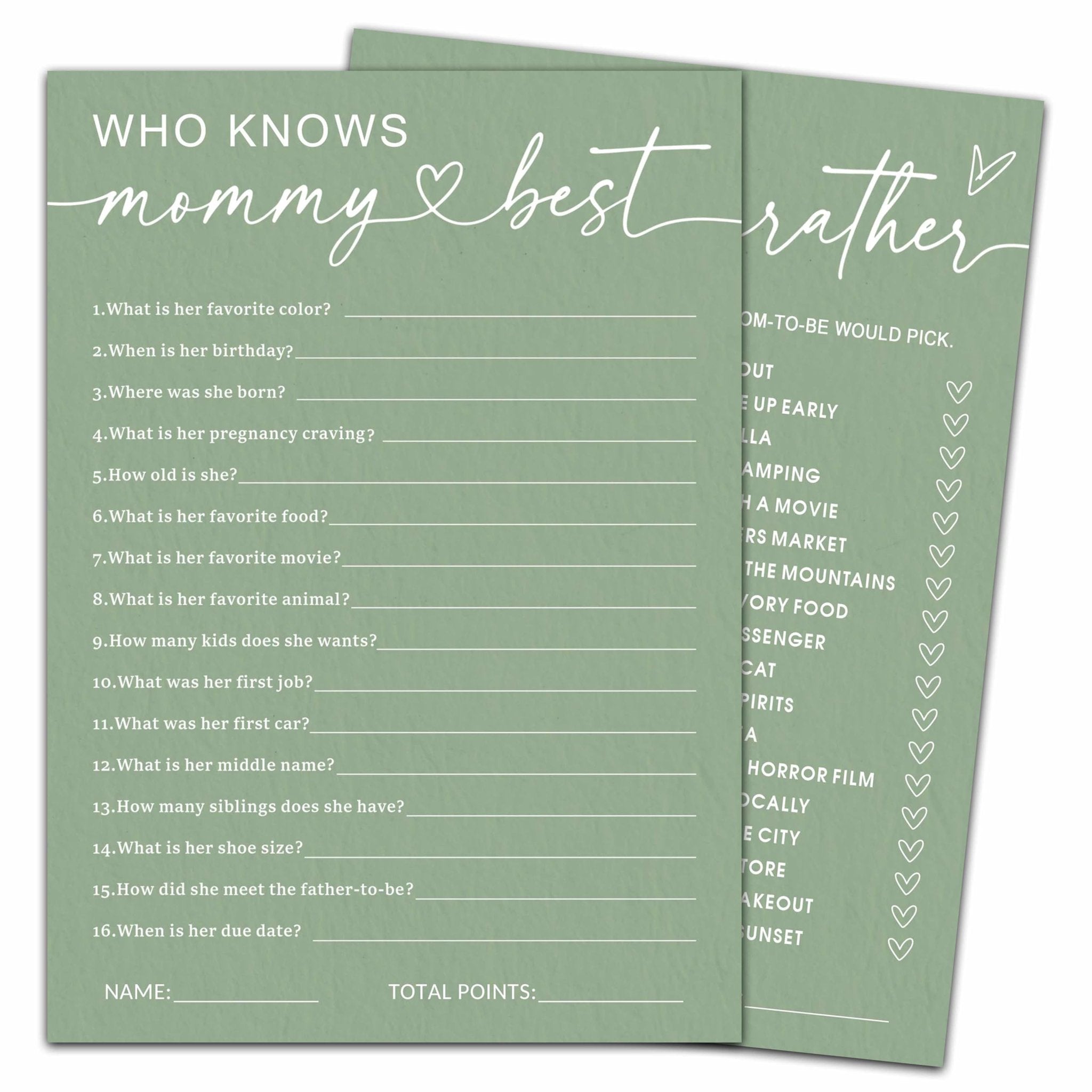 Two baby shower game cards, one titled 'Who Knows Mommy Best' with questions, the other titled 'Mom-to-Be Would Pick' with answer choices.